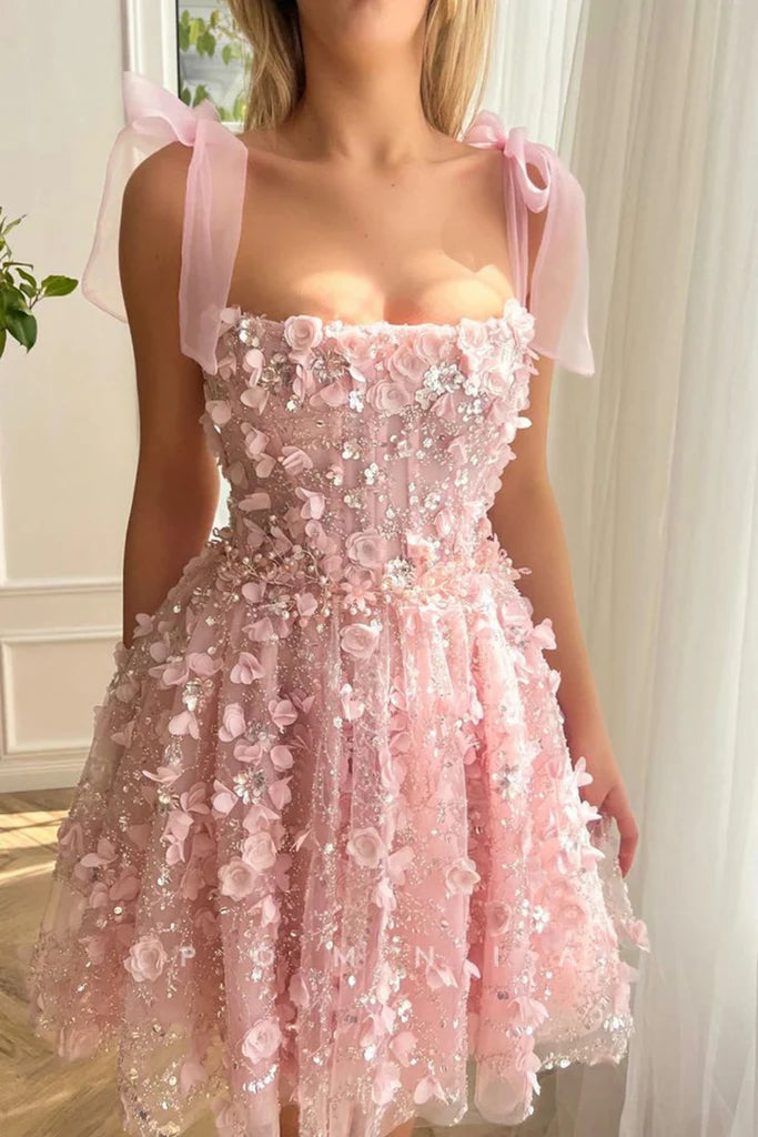 Süße A-Linie rosa Ballkleider mit Spitze und Blumenmuster, rosa Homecoming-Kleider mit Perlenbesatz, kurze rosa Abendkleider mit 3D-Blumen nv1510