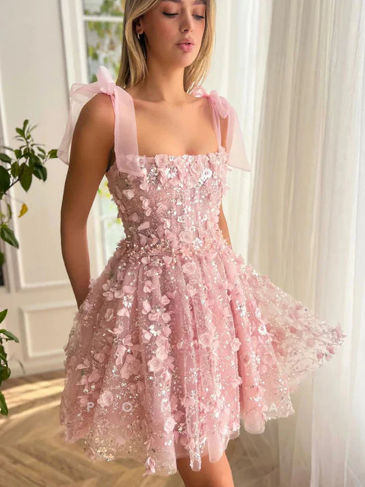 Süße A-Linie rosa Ballkleider mit Spitze und Blumenmuster, rosa Homecoming-Kleider mit Perlenbesatz, kurze rosa Abendkleider mit 3D-Blumen nv1510