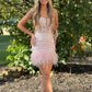 Süßes Ballkleid aus rosa Spitze mit V-Ausschnitt und Federn, kurzes Homecoming-Kleid aus rosa Spitze, formelles Abendkleid in Rosa, nv1565