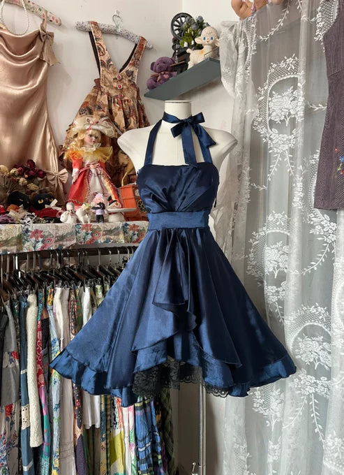 Marineblaues Homecoming-Kleid, kurz, A-Linie, Schleife, Spitze, Satin, nv4304
