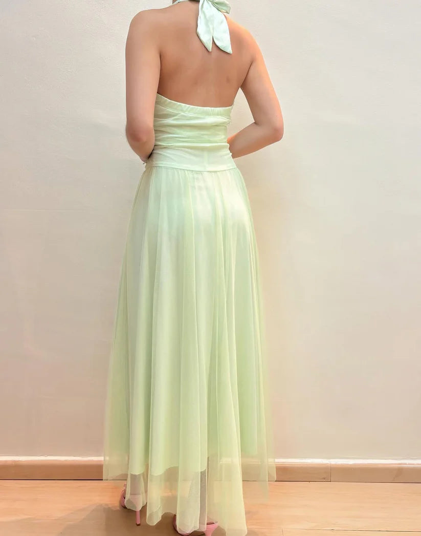 NiceVestidos - Ärmelloses, hellgrünes, bodenlanges A-Linien-Abendkleid aus Tüll mit Neckholder NV5773