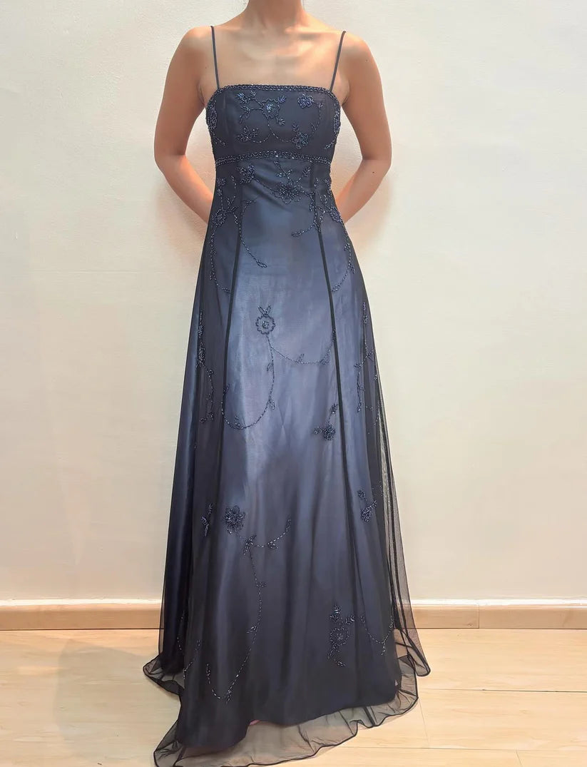 NiceVestidos – Dunkelblau/Dunkelgrau, florales, exquisites, perlenbesetztes, langes Tüll-Ballkleid, Feenkleid NV5777