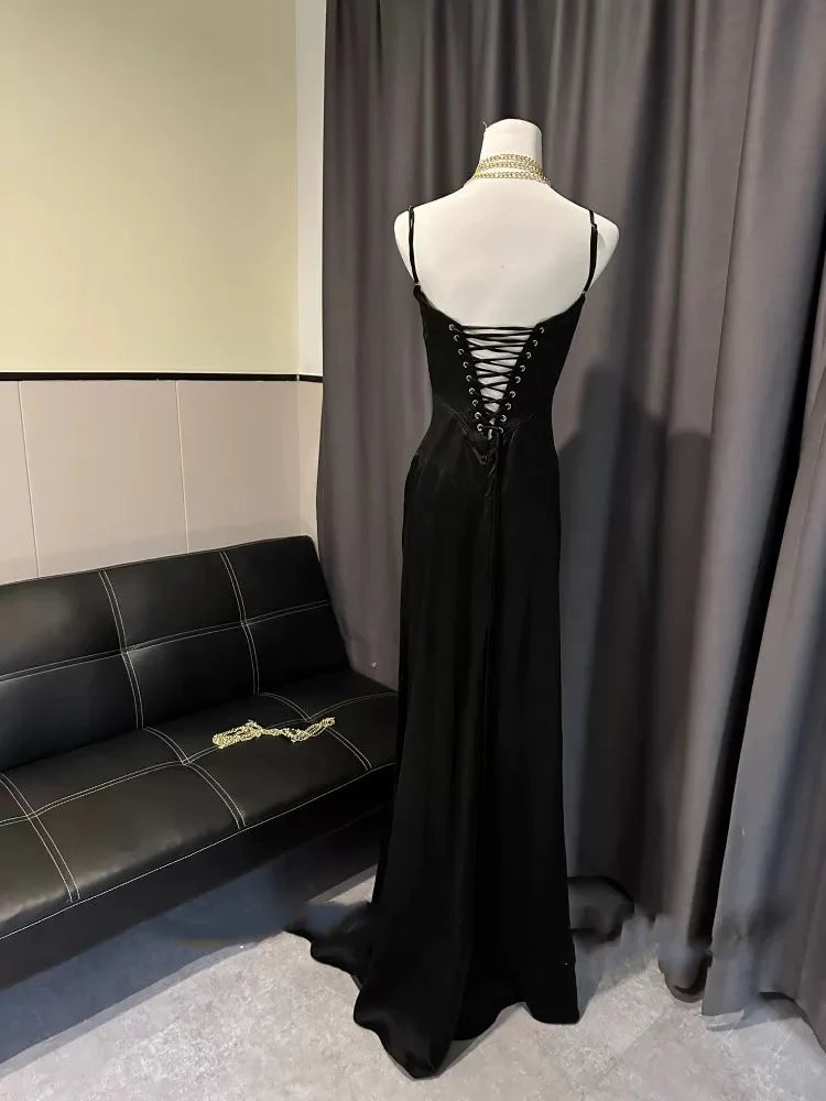 Schlichtes braunes A-Linien-Ballkleid mit Spaghettiträgern, Partykleid nv1713