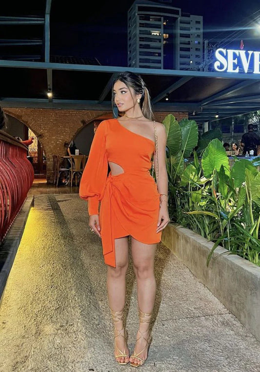 Einschultriges Kleid mit Hohlknoten, oranges Homecoming-Kleid nv1702