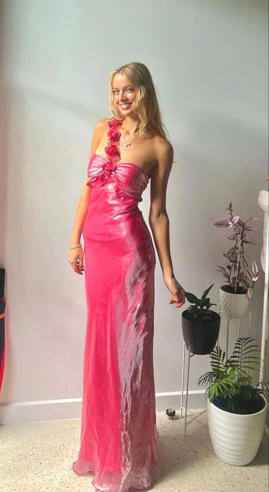 Hot pink one shoulder three-dimensional flower decoration shoulder strap long banquet dress evening dress nv2916