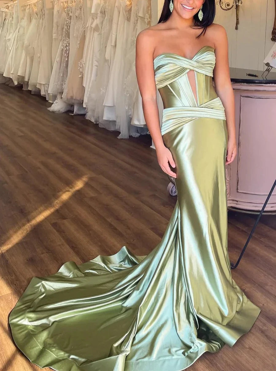 Robe de soirée longue en satin vert à épaules dénudées et fente haute nv2099