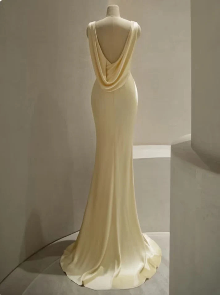 Light Yellow Fashion V-neck Backless Mermaid Long Elegant Satin Floor Length Ball Gown Evening Dress nv3458