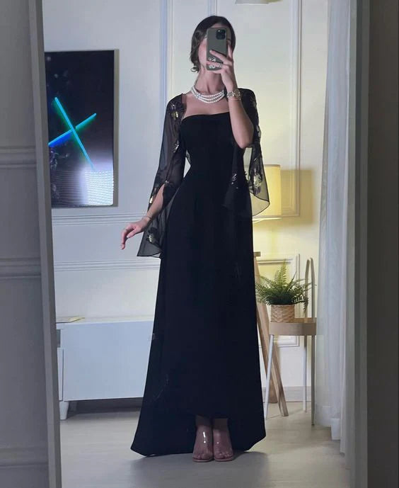 Einzigartiges schwarzes schulterfreies, langes Ballkleid-Abendkleid mit abnehmbaren Ärmeln, NV1922