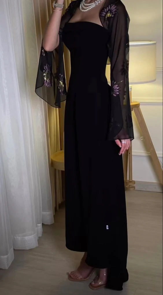 Einzigartiges schwarzes schulterfreies, langes Ballkleid-Abendkleid mit abnehmbaren Ärmeln, NV1922