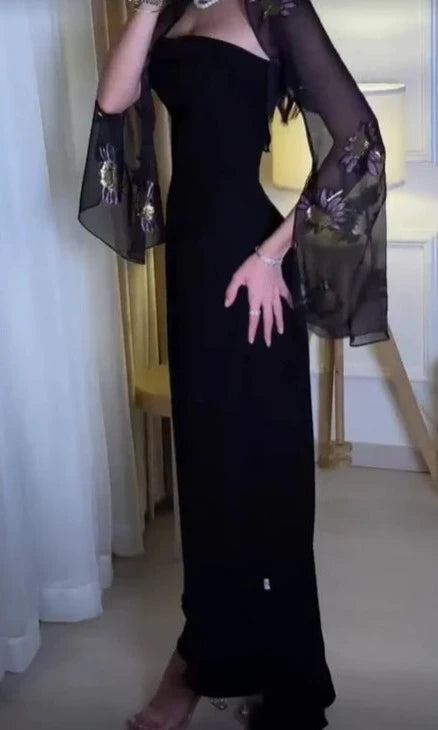 Einzigartiges schwarzes schulterfreies, langes Ballkleid-Abendkleid mit abnehmbaren Ärmeln, NV1922