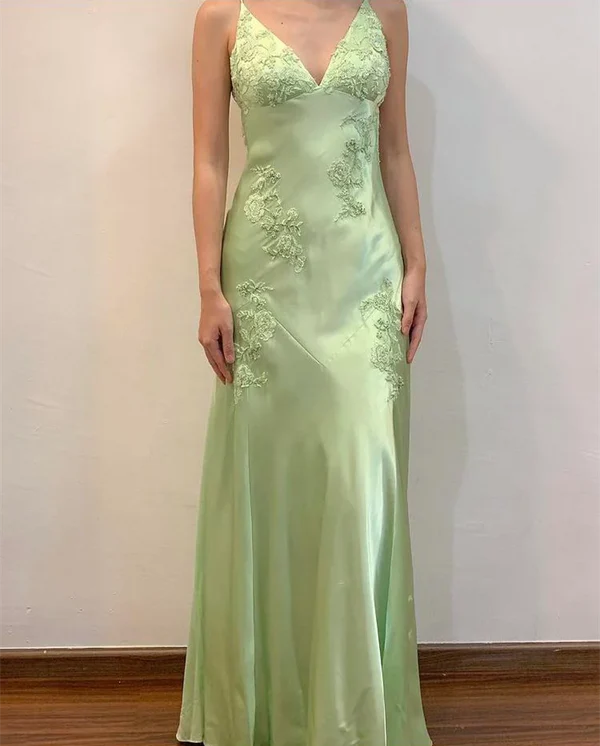 Robe de soirée longue style sirène, vert sauge/rose, vintage, col en V, bretelles spaghetti, dos nu, robe de bal formelle, nv3599