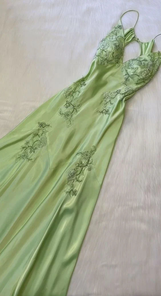Green/Purple/Pink vintage V neck exquisite embroidery applique long satin elegant party dress evening gown prom dress nv2045