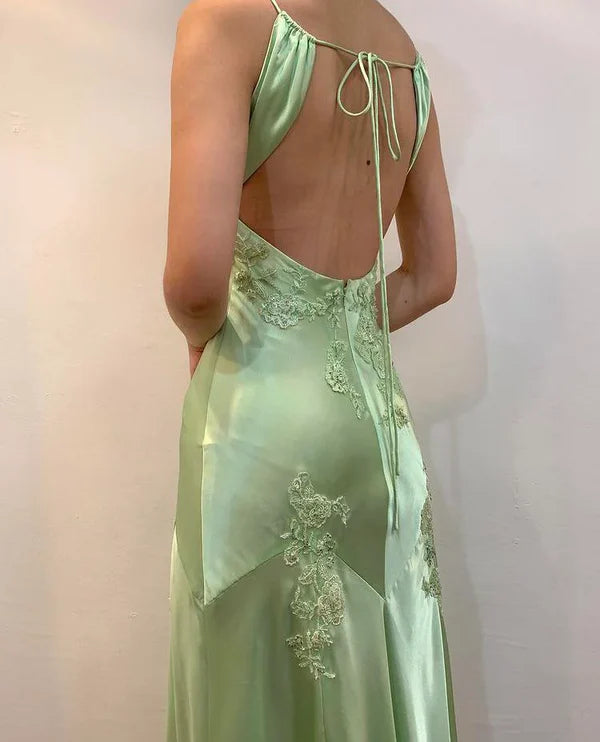 Robe de soirée longue style sirène, vert sauge/rose, vintage, col en V, bretelles spaghetti, dos nu, robe de bal formelle, nv3599