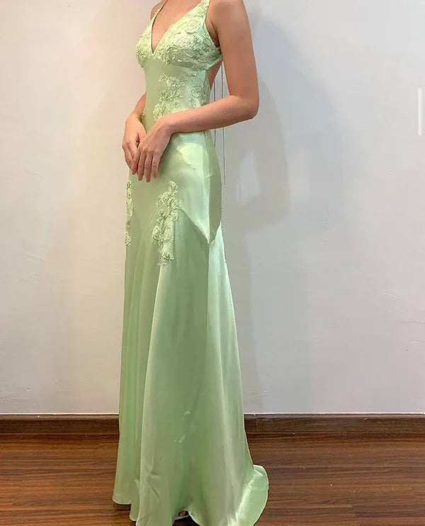 Robe de soirée longue style sirène, vert sauge/rose, vintage, col en V, bretelles spaghetti, dos nu, robe de bal formelle, nv3599