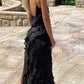 Robe de soirée longue noire à bretelles spaghetti et volants style sirène, robe d'invité de mariage, robe de bal, robe de soirée nv1952