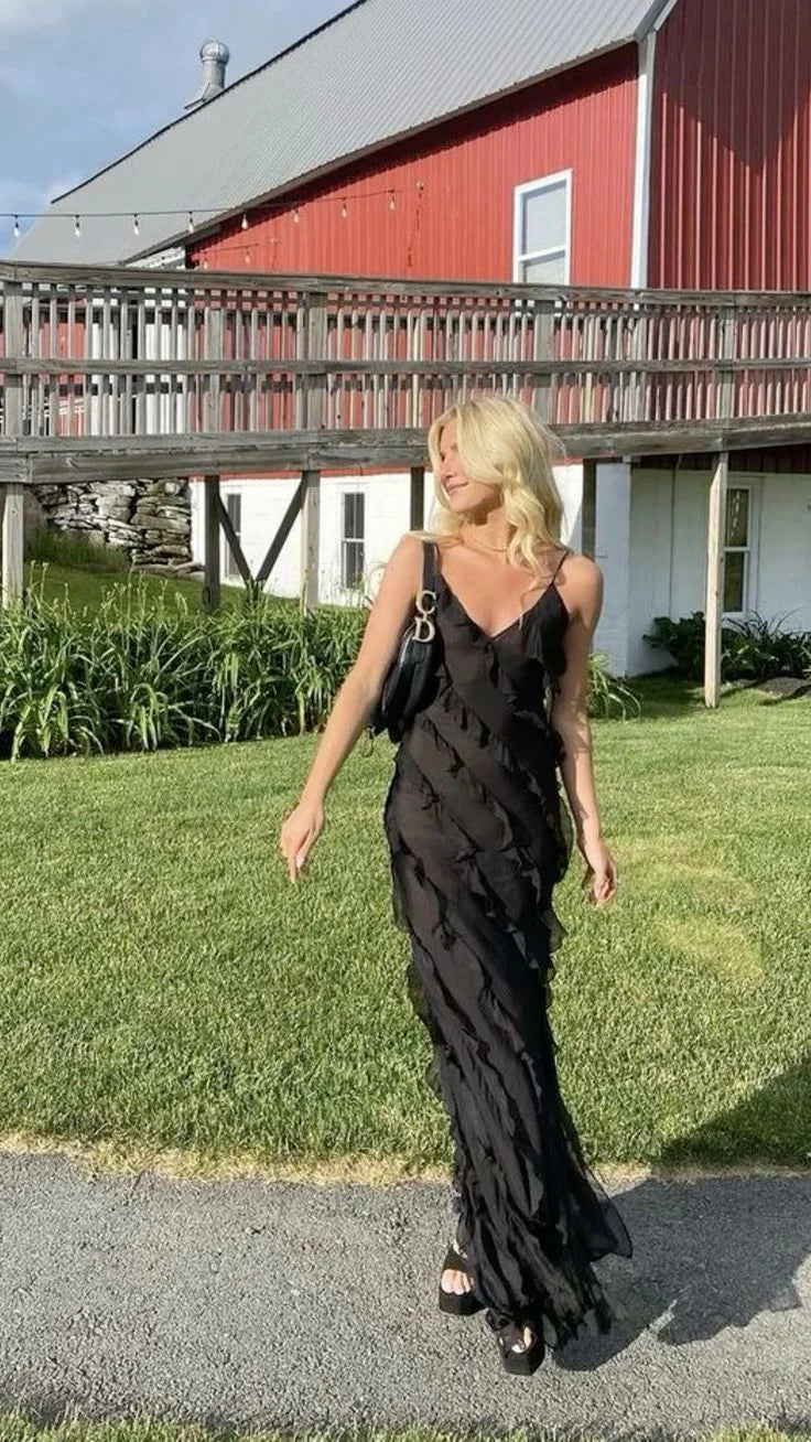 Robe de soirée longue noire à bretelles spaghetti et volants style sirène, robe d'invité de mariage, robe de bal, robe de soirée nv1952