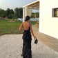 Robe de soirée longue noire à bretelles spaghetti et volants style sirène, robe d'invité de mariage, robe de bal, robe de soirée nv1952