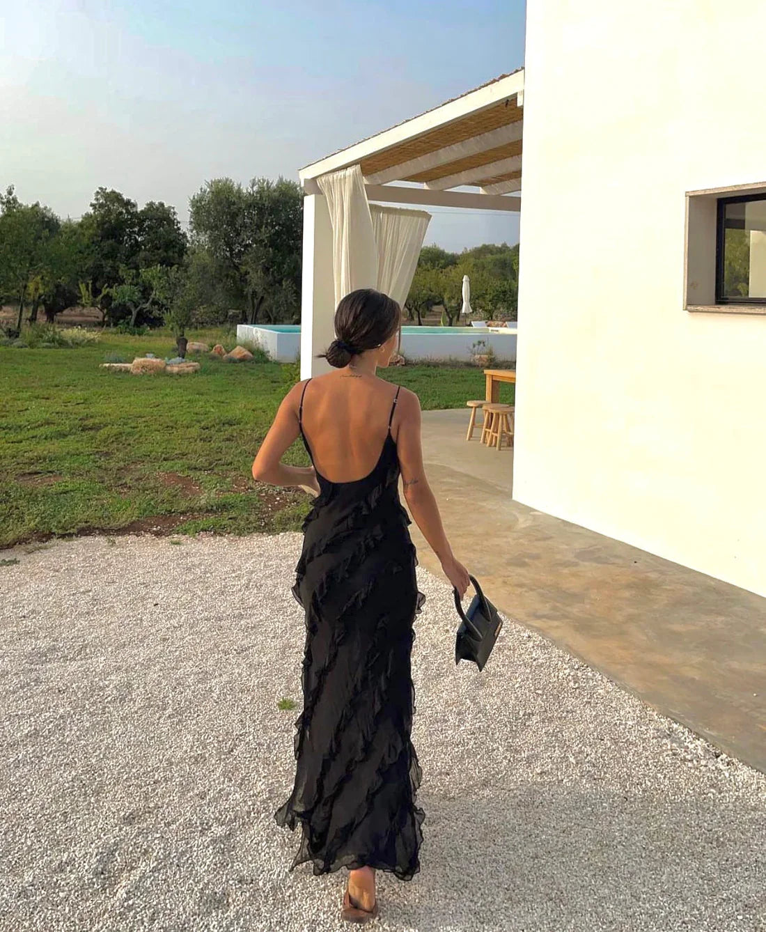 Robe de soirée longue noire à bretelles spaghetti et volants style sirène, robe d'invité de mariage, robe de bal, robe de soirée nv1952