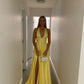 Yellow Deep V Neck A-Line Open Back Hollow Slit Long Prom Dress Formal Party Dress Evening Gown nv2481