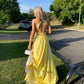 Yellow Deep V Neck A-Line Open Back Hollow Slit Long Prom Dress Formal Party Dress Evening Gown nv2481