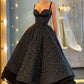 A-line Shiny Elegant Black Ankle Length Maxi Evening Gown Ruffled Ball Gown nv2754