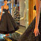 A-line Shiny Elegant Black Ankle Length Maxi Evening Gown Ruffled Ball Gown nv2754