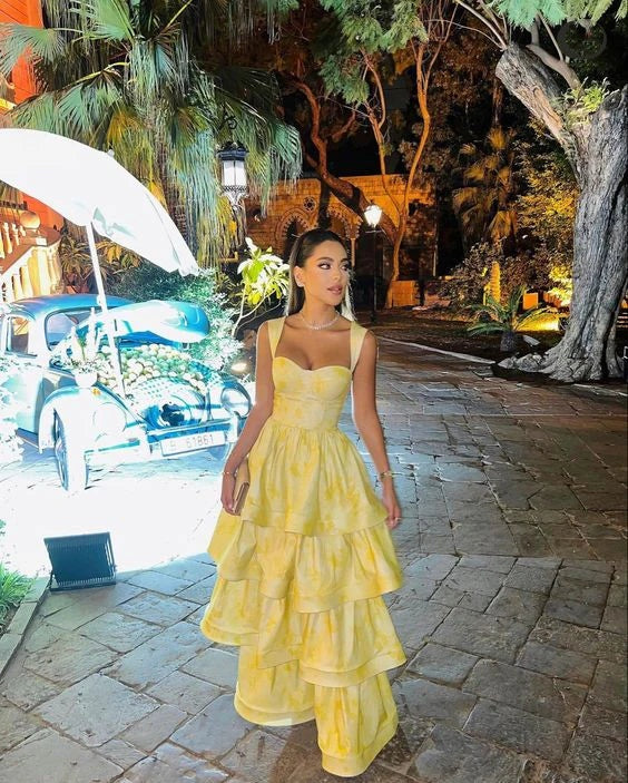 Light Yellow Ruffle Tiered A-Line Long Party Dress Prom Gown Evening Gown nv1778