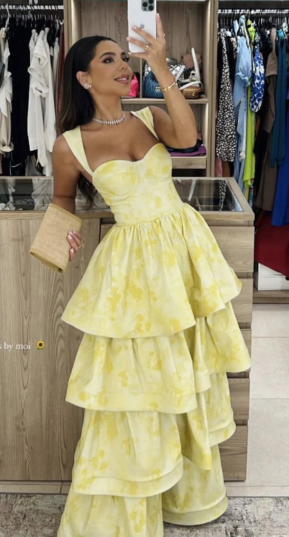 Light Yellow Ruffle Tiered A-Line Long Party Dress Prom Gown Evening Gown nv1778