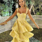 Light Yellow Ruffle Tiered A-Line Long Party Dress Prom Gown Evening Gown nv1778