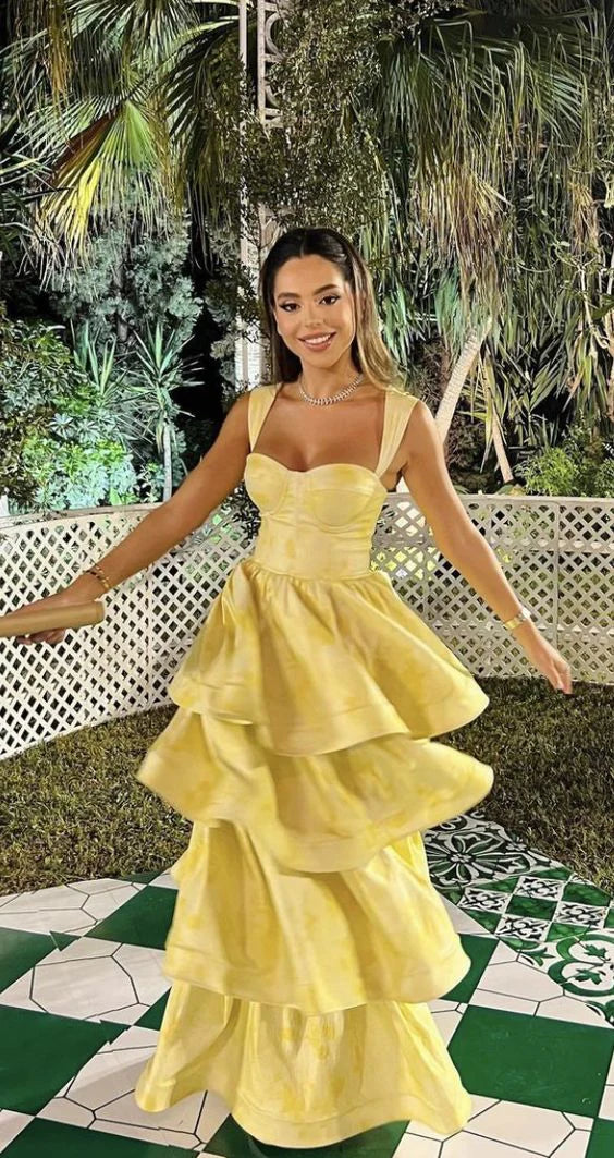 Light Yellow Ruffle Tiered A-Line Long Party Dress Prom Gown Evening Gown nv1778