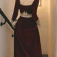 Burgundy Elegant Vintage Impressive A-Line Velvet with Appliques Long Sleeves Floor Length Round Neck Fall Long Prom Dress Formal Evening Dress Christmas Dress Halloween Wedding Guest Party Dress nv2568