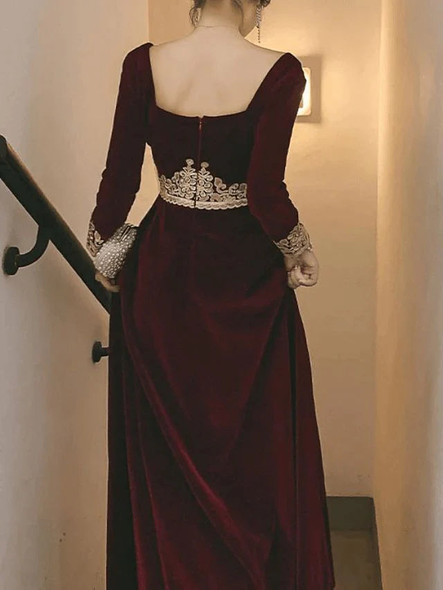 Burgundy Elegant Vintage Impressive A-Line Velvet with Appliques Long Sleeves Floor Length Round Neck Fall Long Prom Dress Formal Evening Dress Christmas Dress Halloween Wedding Guest Party Dress nv2568