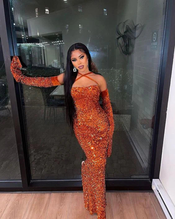 Gorgeous Shiny Orange Cross Strap Tube Mermaid Sequin Long Slim Fit Ball Gown Evening Dress Party Dress nv3239