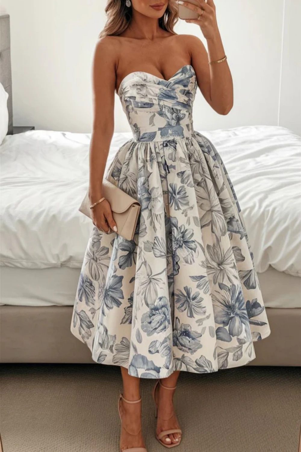 Blaues, schulterfreies, modisches, kurzes Satin-Heimkehrkleid mit Blumenmuster, Geburtstagspartykleid, NV5280