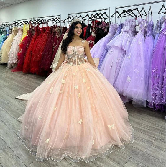 robe de soirée en tulle rose papillon perlée robe de bal nv2685