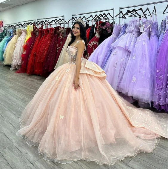 robe de soirée en tulle rose papillon perlée robe de bal nv2685