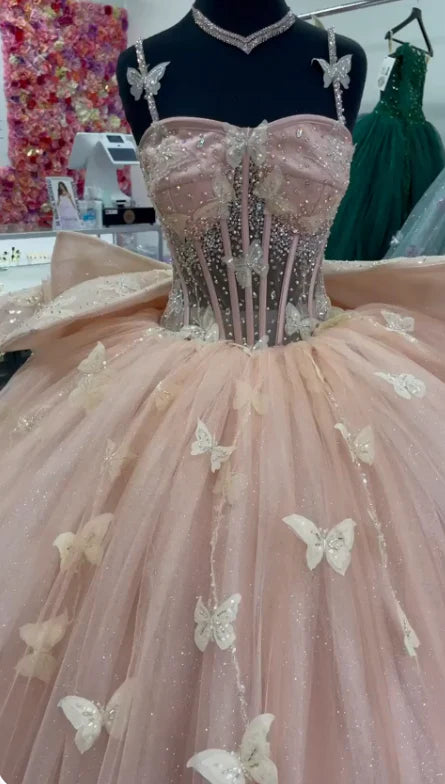 robe de soirée en tulle rose papillon perlée robe de bal nv2685