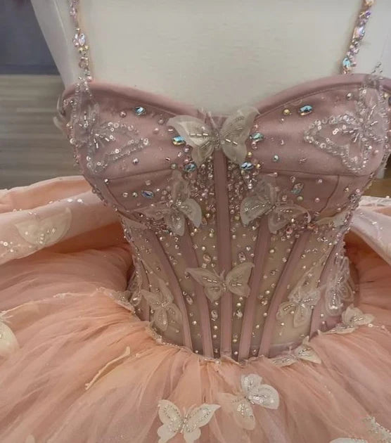 robe de soirée en tulle rose papillon perlée robe de bal nv2685