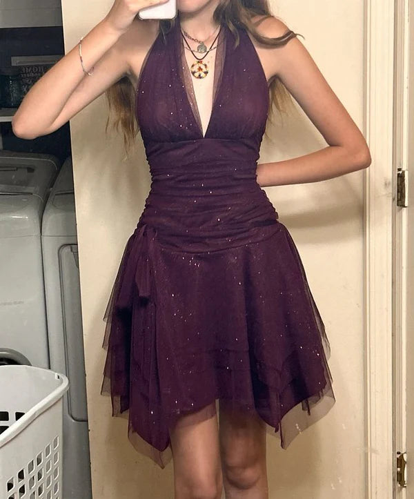 NiceVestidos - Lila schimmerndes Chiffon-Kurzes formelles Heimkehrkleid Hoco Dress nv5496
