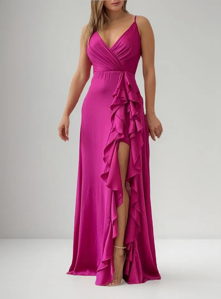 Camisole-Kleid mit unregelmäßigem Rüschenbesatz und Schlitz, Rosarot, NV1339