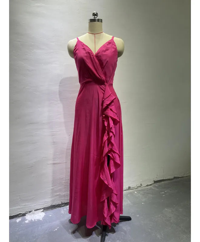 Camisole-Kleid mit unregelmäßigem Rüschenbesatz und Schlitz, Rosarot, NV1339