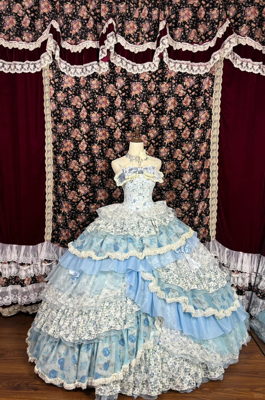 Blaues, geblümtes Prinzessinnen-Ballkleid aus Tüll, langes Abendkleid für Quinceanera, NV4651