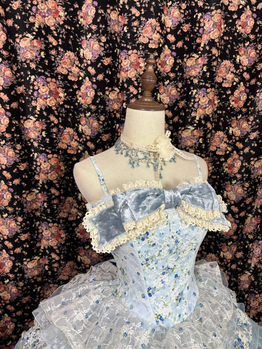 Blaues, geblümtes Prinzessinnen-Ballkleid aus Tüll, langes Abendkleid für Quinceanera, NV4651