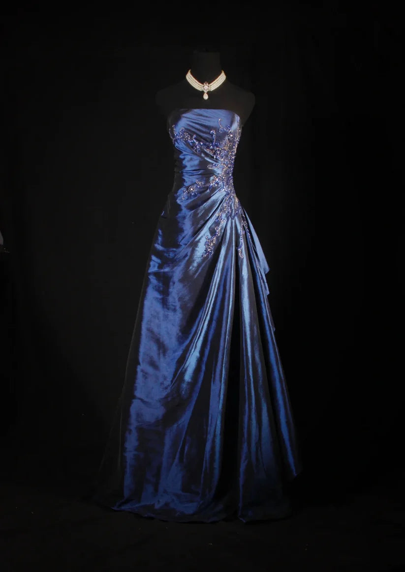 Marineblau Wunderschönes glänzendes Vintage-Mode-Schulterfreies, exquisites, langes Satin-Ballkleid mit Perlenbesatz, elegantes Partykleid, Abschlussballkleid nv3852