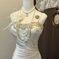 Elfenbeinweißes, geblümtes, perlenbesetztes, kurzes Satin-Heimkehrkleid, Ballkleid, Abendkleid, Hochzeitskleid, nv4217