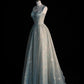 Blaues Vintage Elegantes A-Linie Spaghettiträger Tüll Spitze Satin Langes Ballkleid Abendkleid Formales Partykleid Ballkleid nv3758
