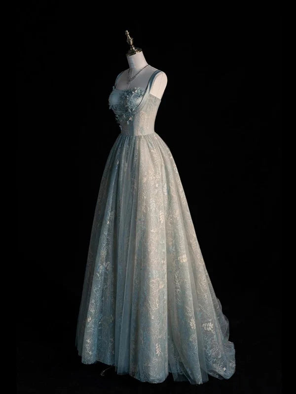 Blaues Vintage Elegantes A-Linie Spaghettiträger Tüll Spitze Satin Langes Ballkleid Abendkleid Formales Partykleid Ballkleid nv3758