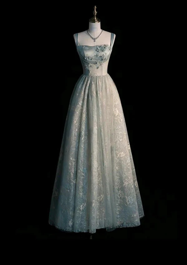 Blaues Vintage Elegantes A-Linie Spaghettiträger Tüll Spitze Satin Langes Ballkleid Abendkleid Formales Partykleid Ballkleid nv3758