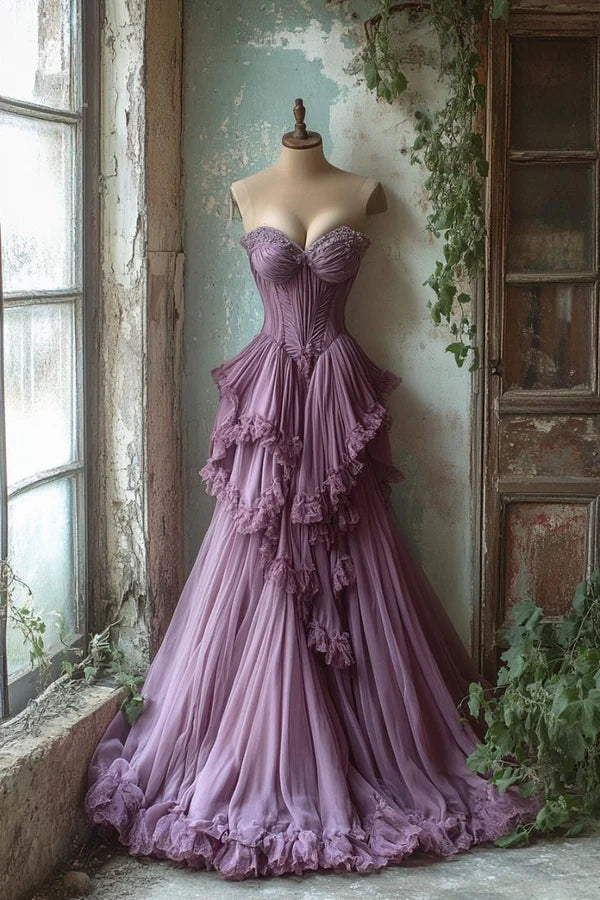Lila Vintage Elegante A-Linie Herzausschnitt Exquisite Perlen Lange Tüll Ballkleid Abendkleid Brautkleid nv3771