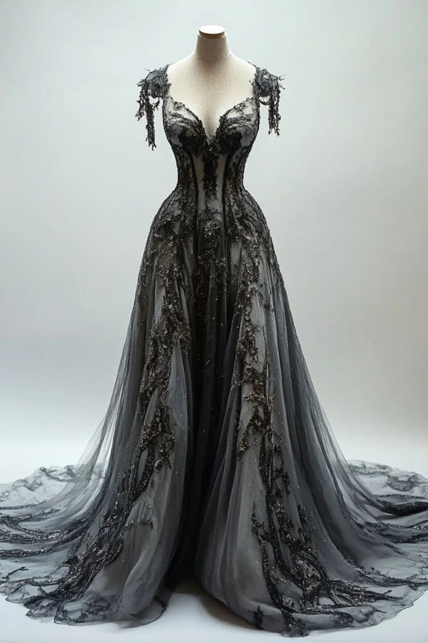 Robe de soirée élégante et raffinée en tulle et dentelle noire, longueur au sol, robe de mariée nv3770